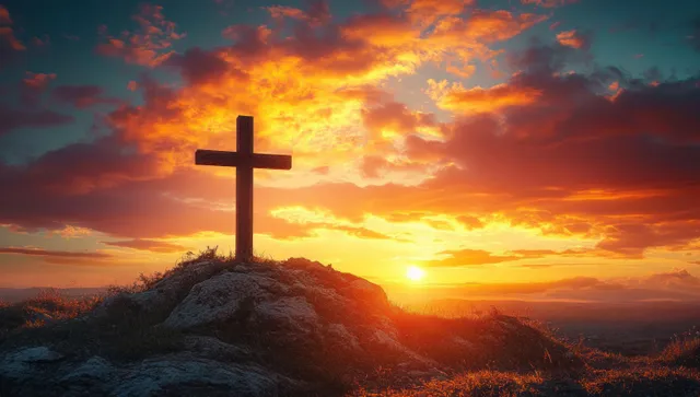 A wooden cross stands on a rocky hill silhouetted against a vibrant sunset with dramatic cloud sun rays.