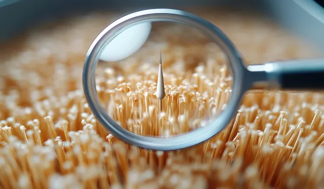 A magnifying glass focuses on a small metal needle hidden among straw.