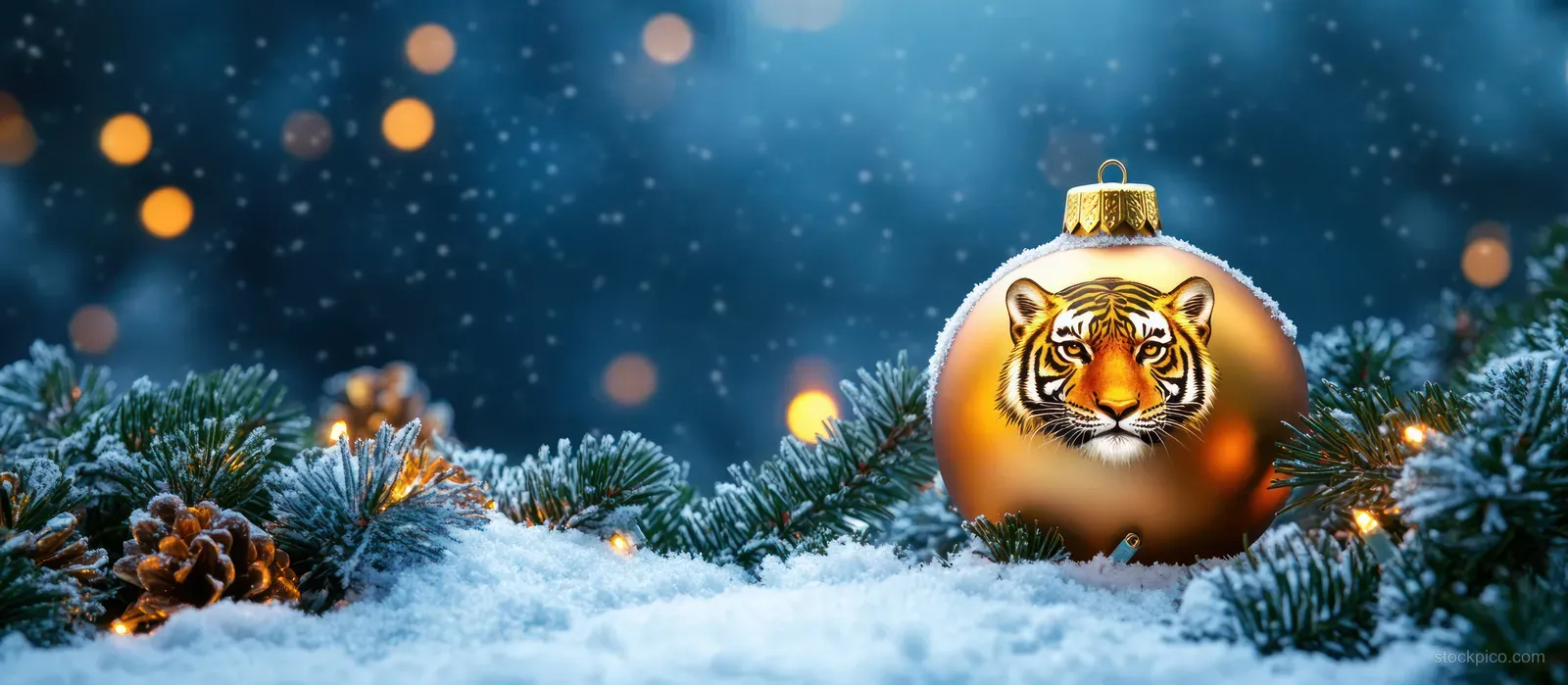 Golden tiger ornament hangs above snowy pine branches with glowing bokeh lights on a blue winter background.