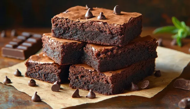 Four stacked chocolate brownies on parchment with scattered chocolate chips and visible moist, crumbly texture.