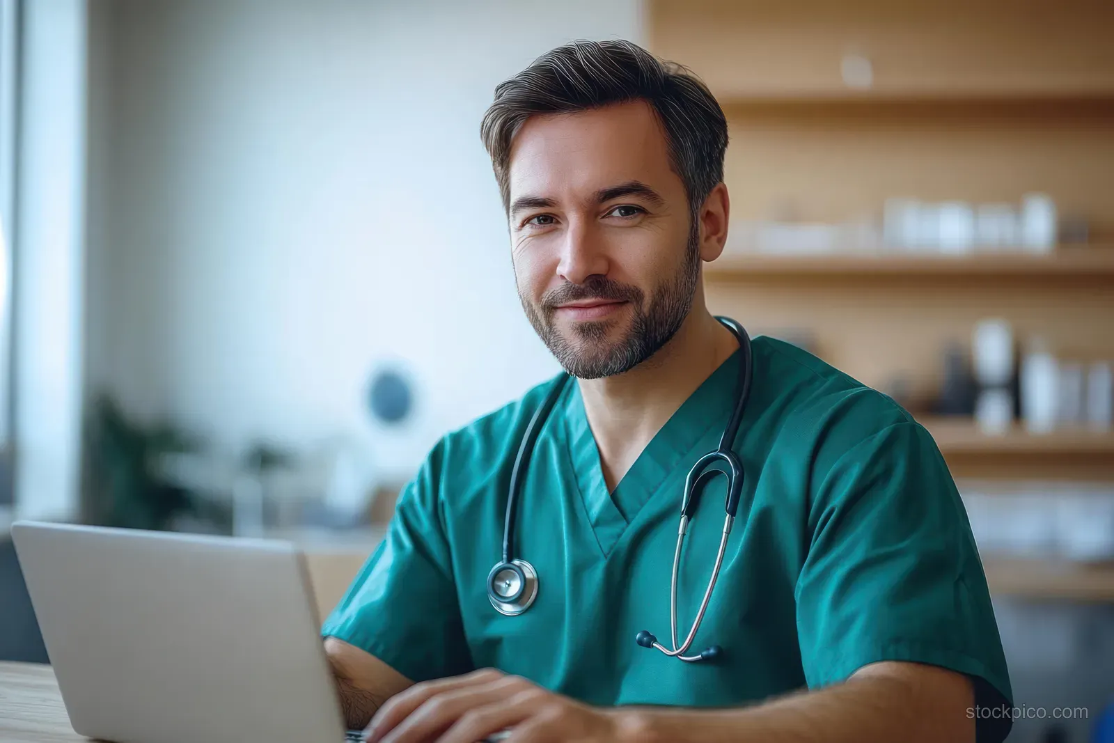 Smiling male doctor in green scrubs sits at a clinic desk working on a laptop with a stethoscope around his neck.