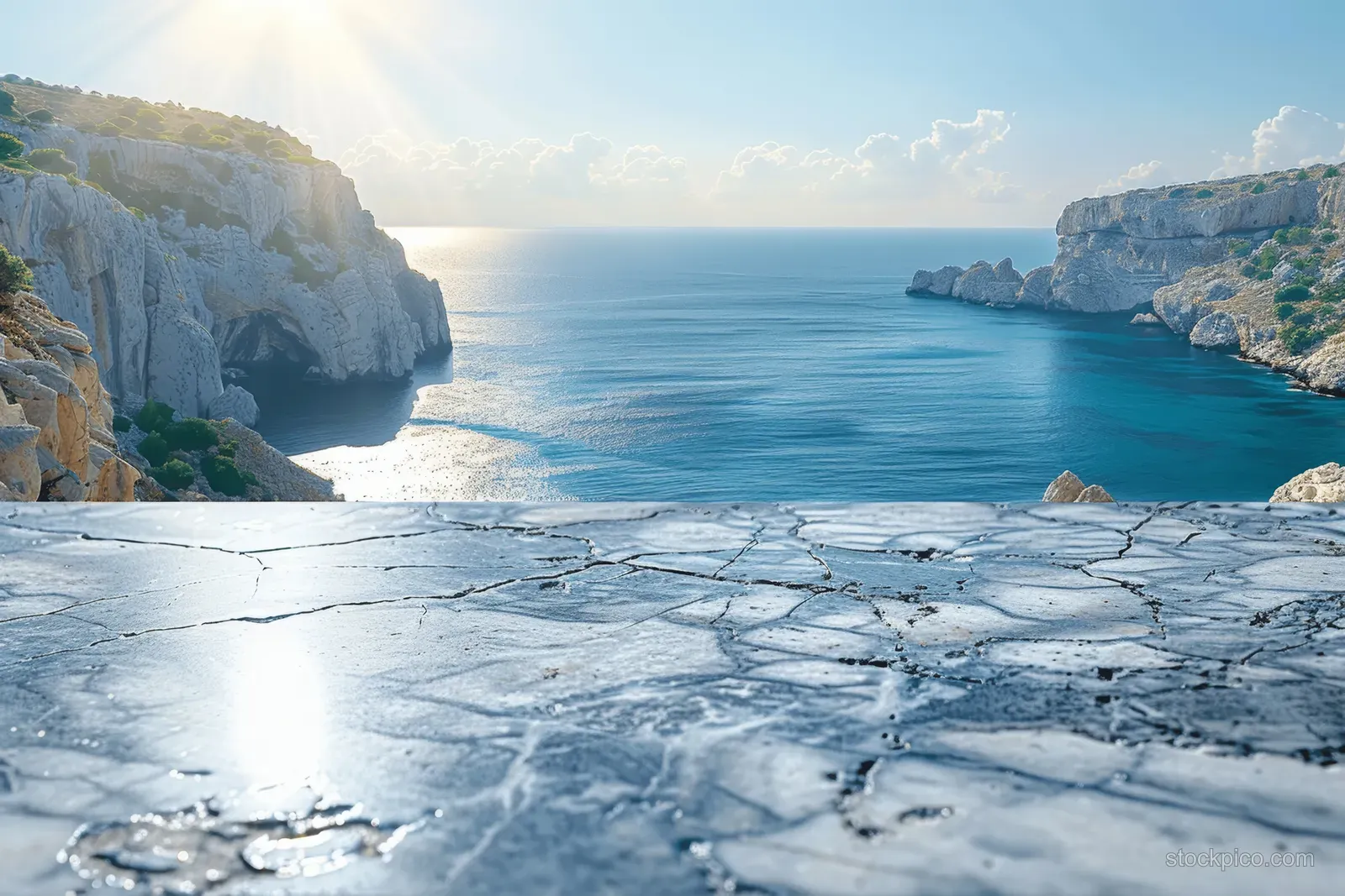 Cracked white marble tabletop with a blue sea, rocky cliffs, and bright sky in the background.