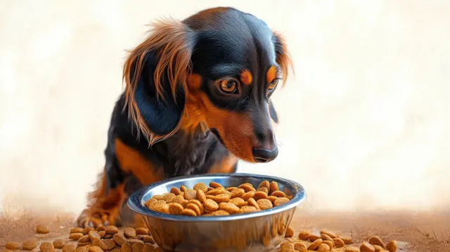 Small black-and-brown dog sniffing kibble in a metal bowl on a light floor