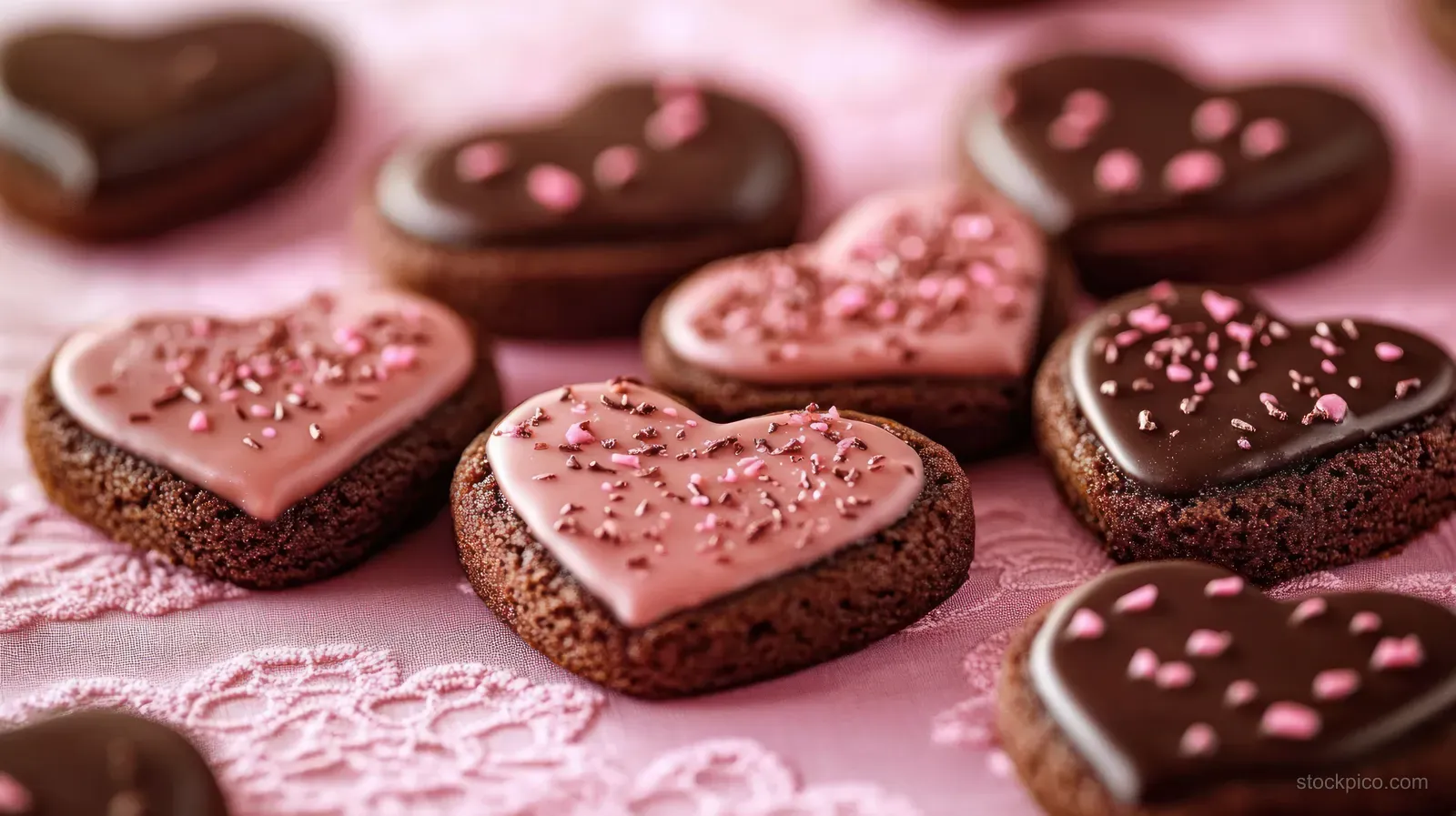 Heart-shaped chocolate brownies with pink and dark icing and sprinkles sit on a pink lace cloth.