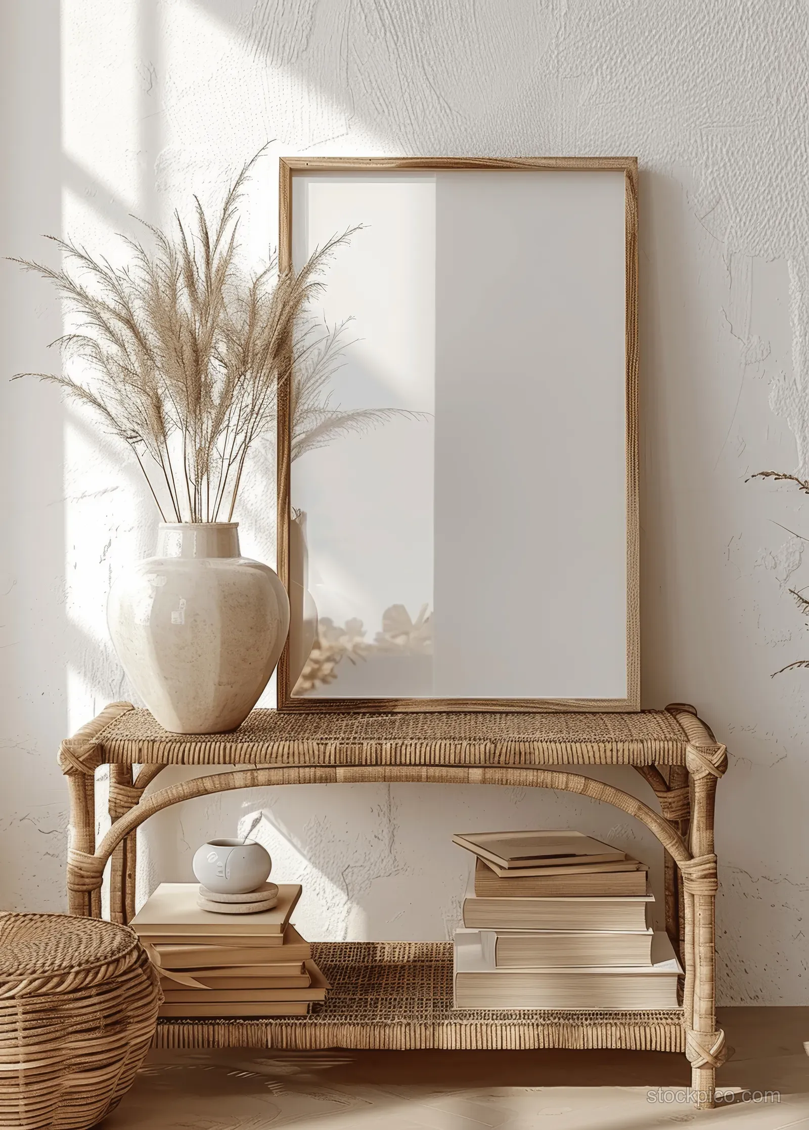 Blank picture frame on a wooden console table with wicker decor against a white wall in natural sunlight.
