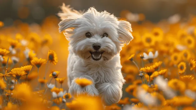 White Maltese puppy running through yellow daisies, black ears visible, sunny meadow background