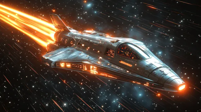 Futuristic spaceship streaks across starry space, glowing exhaust and cockpit lights flaring