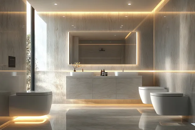 Spacious marble bathroom interior with warm light-lined mirror and a freestanding white bathtub.