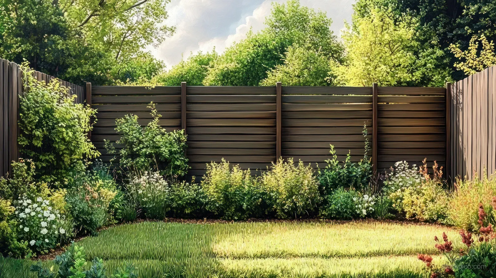 Sunlit backyard garden with wooden fence, green bushes, blooming flowers, and a trimmed lawn under partly cloudy sky.