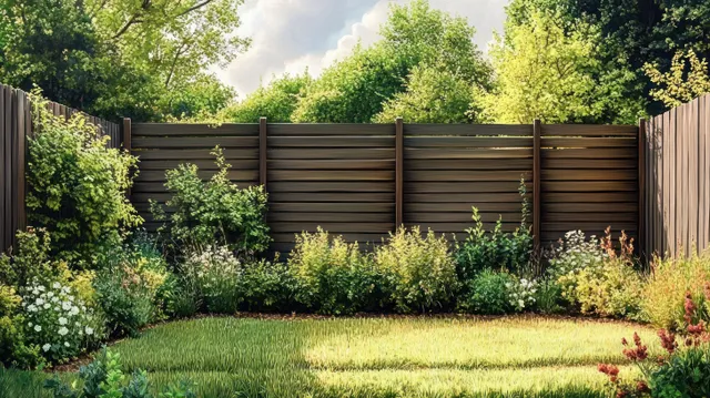 Sunlit backyard garden with wooden fence, green bushes, blooming flowers, and a trimmed lawn under partly cloudy sky.