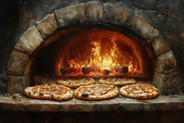 Neapolitan pizzas baking inside a wood-fired brick oven with visible flames above the stone hearth.