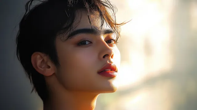 Young Asian man touching his cheek in soft natural light with a blurred background behind him.