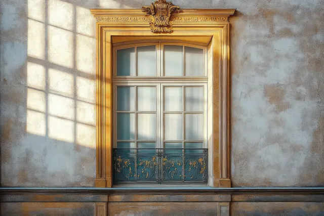 Golden framed window with multi-pane glass on a textured beige wall with warm sunlight casting delicate shadows.