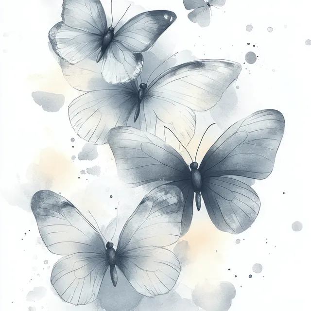 Gray watercolor butterflies overlap in an abstract patterned background with soft splatter dots.