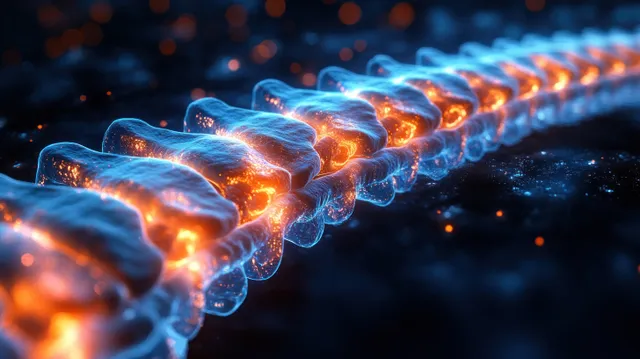 3D spine anatomy model with glowing discs and blue-orange light streaks on a dark background.