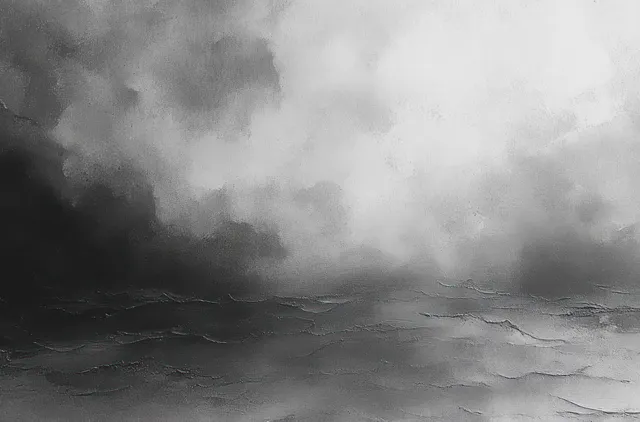Dark storm clouds gather over a choppy ocean with rough waves and a gray overcast sky.