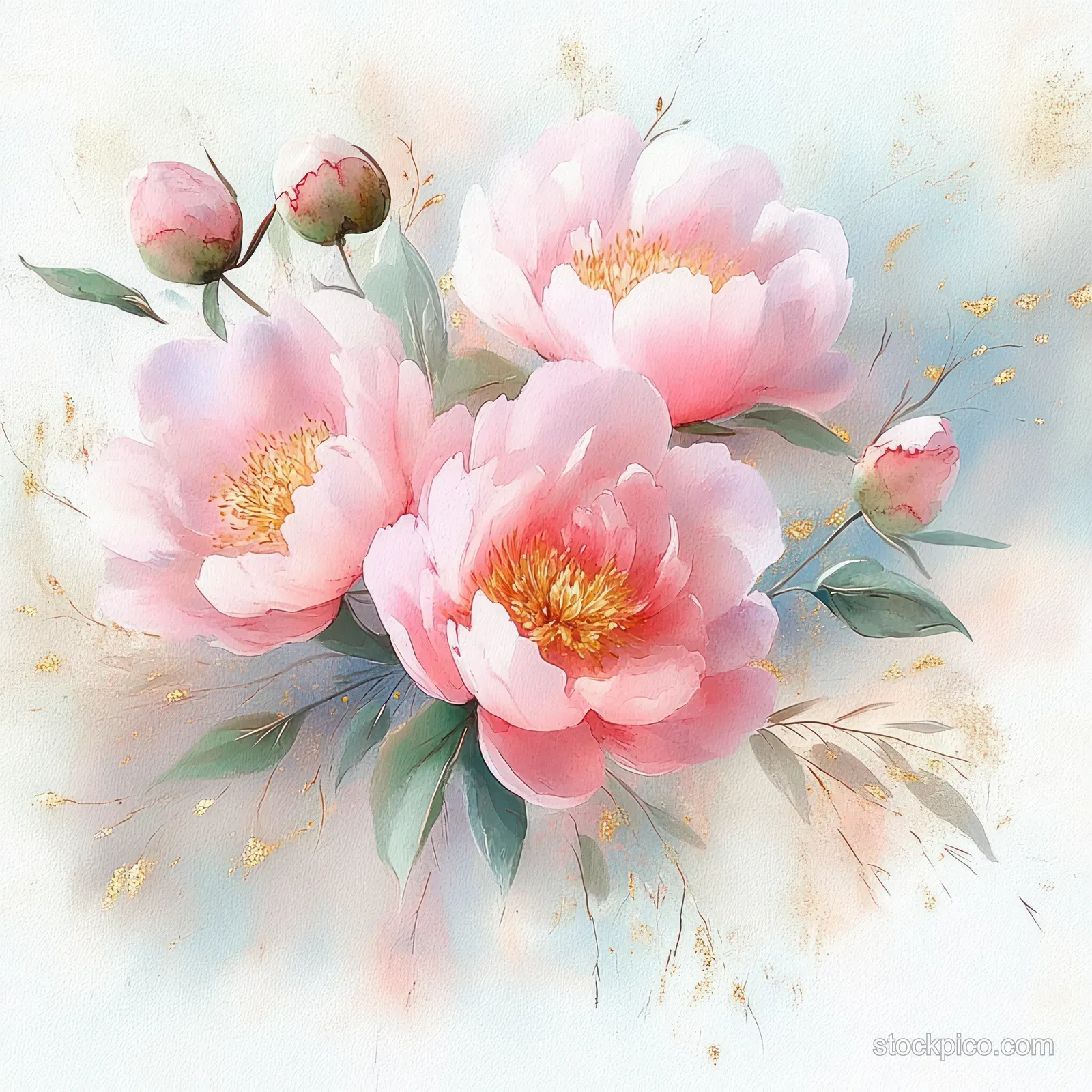 Soft pink watercolor peonies with green leaves and faint gold accents bloom on a pale background.