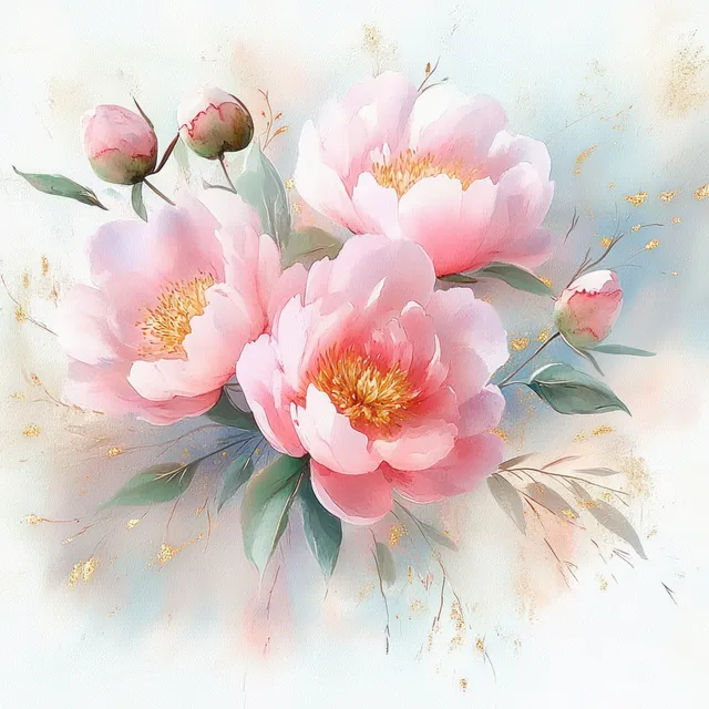 Watercolor peonies in soft pinks with gold accents and green leaves on airy paper