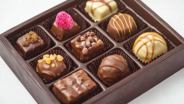 Assorted chocolate truffles in an open gift box with glossy shells and decorative drizzle.