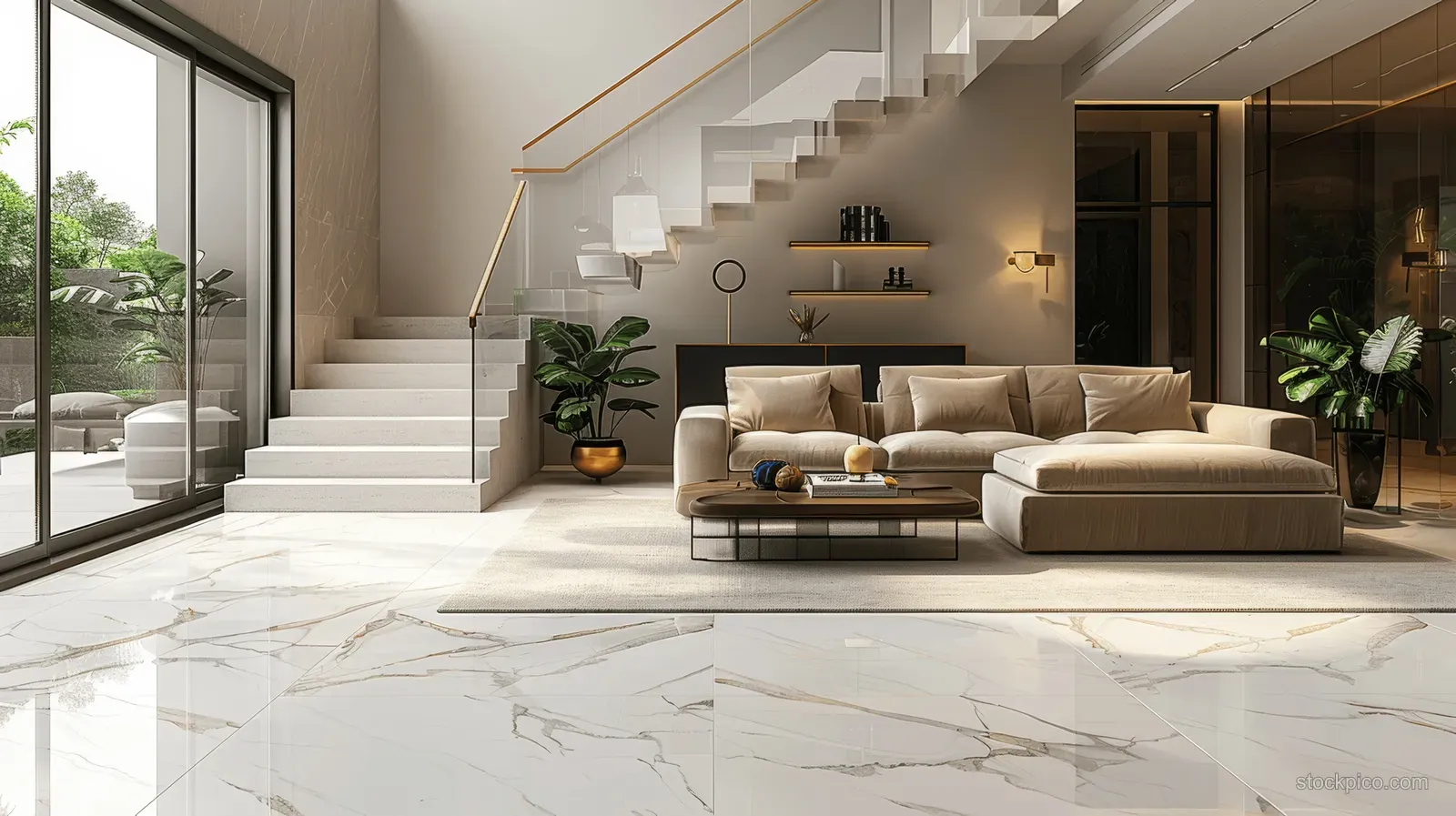 Beige living room with corner sofa, white marble floor, staircase, and sunlight through sheer curtains and glass doors.