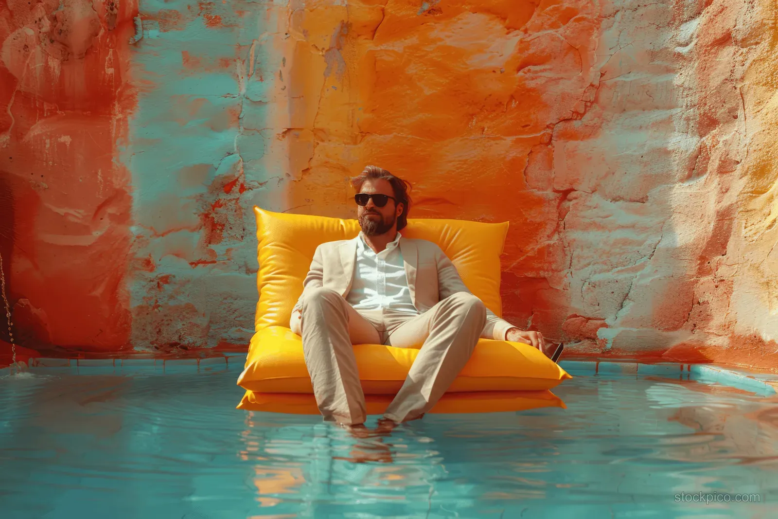 Sunglasses businessman lounges on an inflatable chair in a swimming pool while working on a laptop.