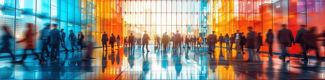 Blurred business people walking through a modern conference hall with bright trade-show lights