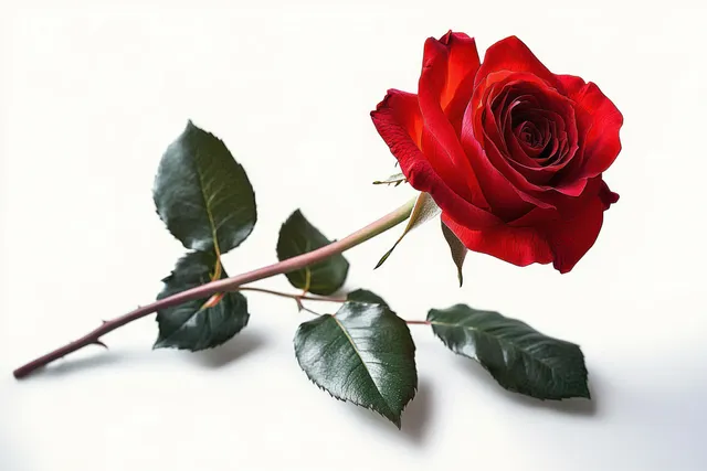 Single red rose with green leaves lying on white background, vivid petals