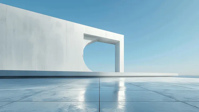 Minimalist concrete courtyard with blue sky, 3D-rendered building facade and arch window detail