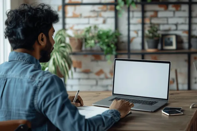 An Indian man sits at a modern office desk typing on a laptop with a blank screen while taking notes.