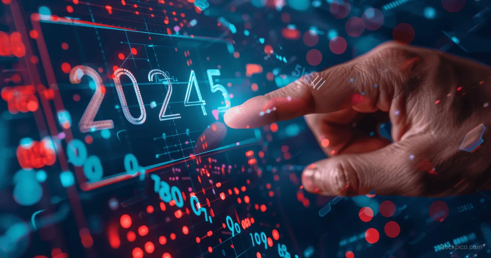 A hand adjusts a glowing 2024 finance dashboard with market trend figures and floating data points.