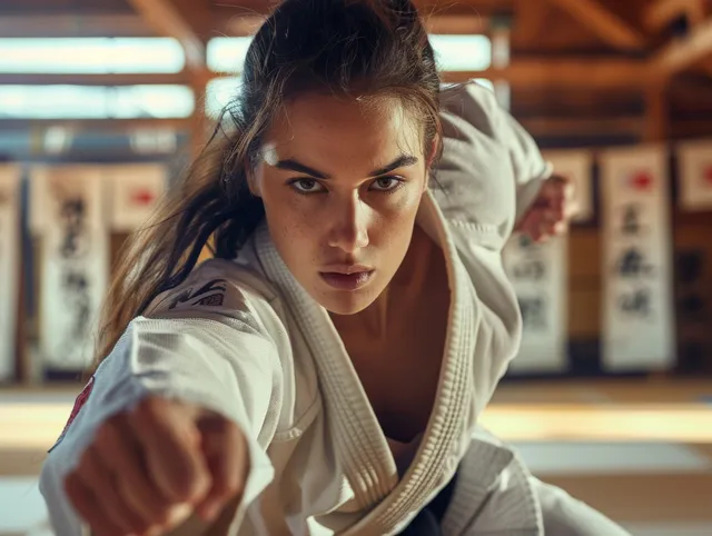 French female judoka performs a throw mid-sparring in a dojo, with banners blurred in the background.