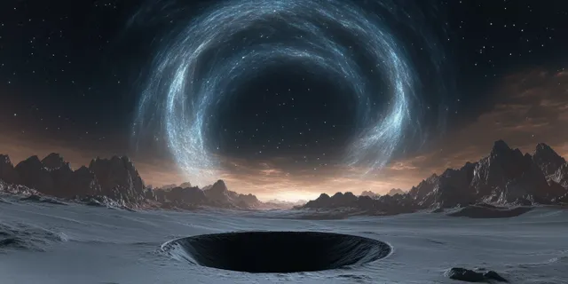 Alien desert basin under glowing ring vortex with distant starburst light