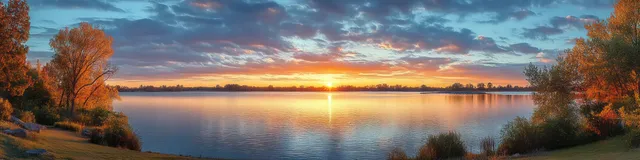 Panoramic sunset lake view with autumn tree silhouettes and shimmering reflections on calm water