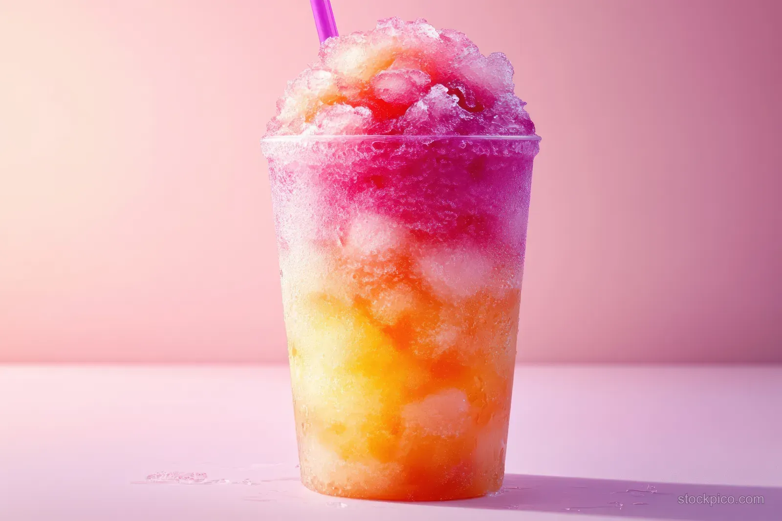 Layered pink and yellow slushie with crushed ice in a clear cup and a foil straw against a pink background.