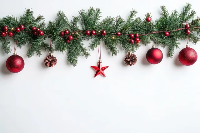 Festive green pine garland with red berries, pine cones, baubles, and star ornament