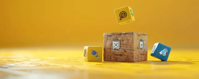 Wooden cubes with business icons float on a bright yellow background suggesting action planning and targets.