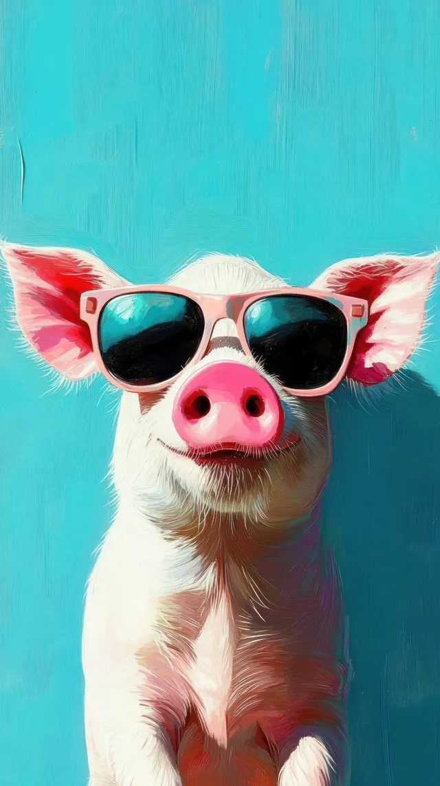 Close-up white pig wearing oversized pink sunglasses against a vivid blue background.