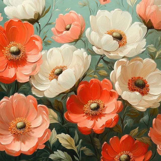 Coral and cream flowers with leafy stems form a seamless painterly pattern on a mint green background.