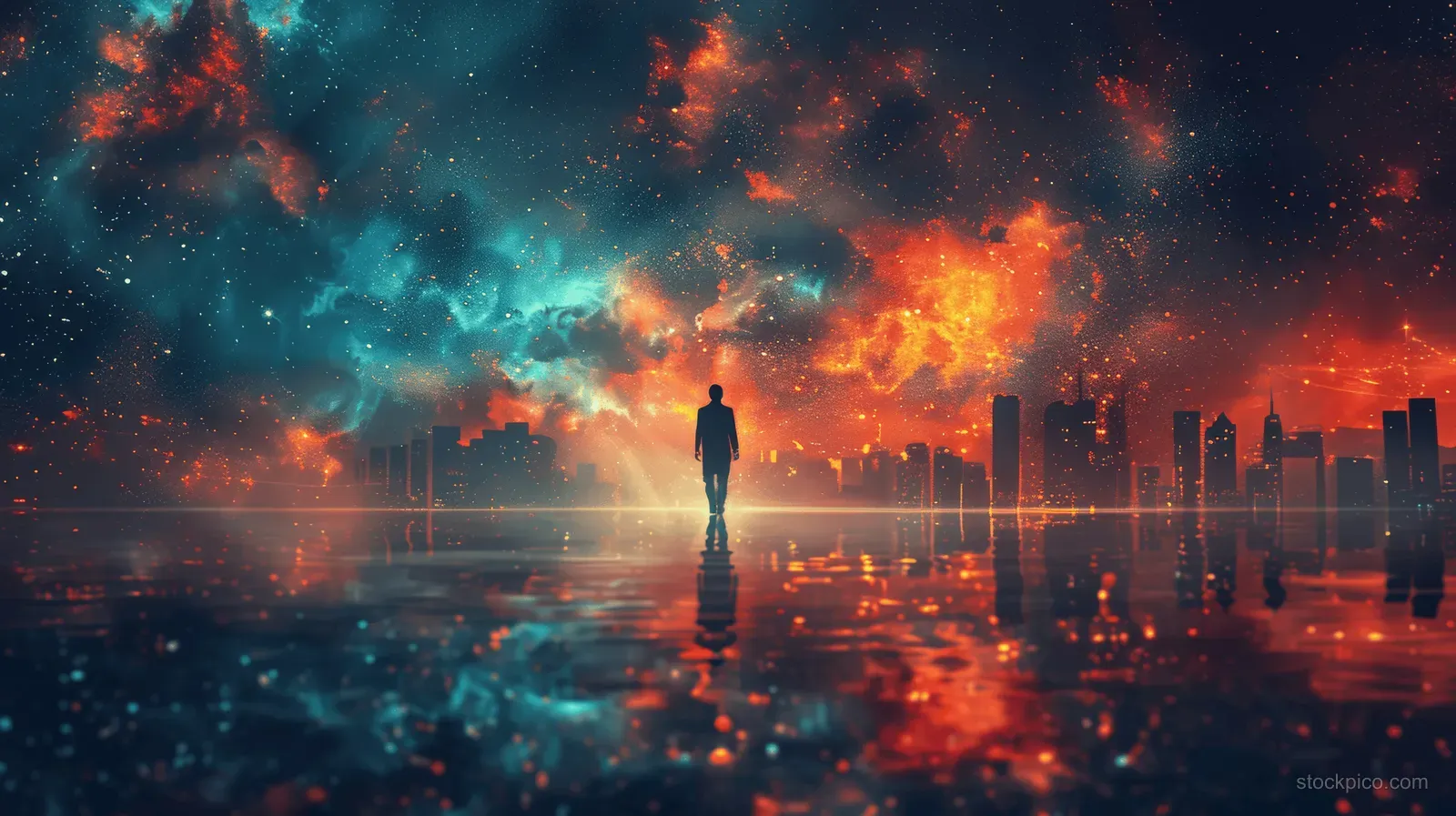 A lone man walks on a reflective water surface under a glowing futuristic city skyline in a cosmic sky.
