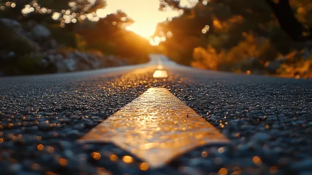 Sunlit road with a direction arrow-like symbol leading toward the bright horizon.