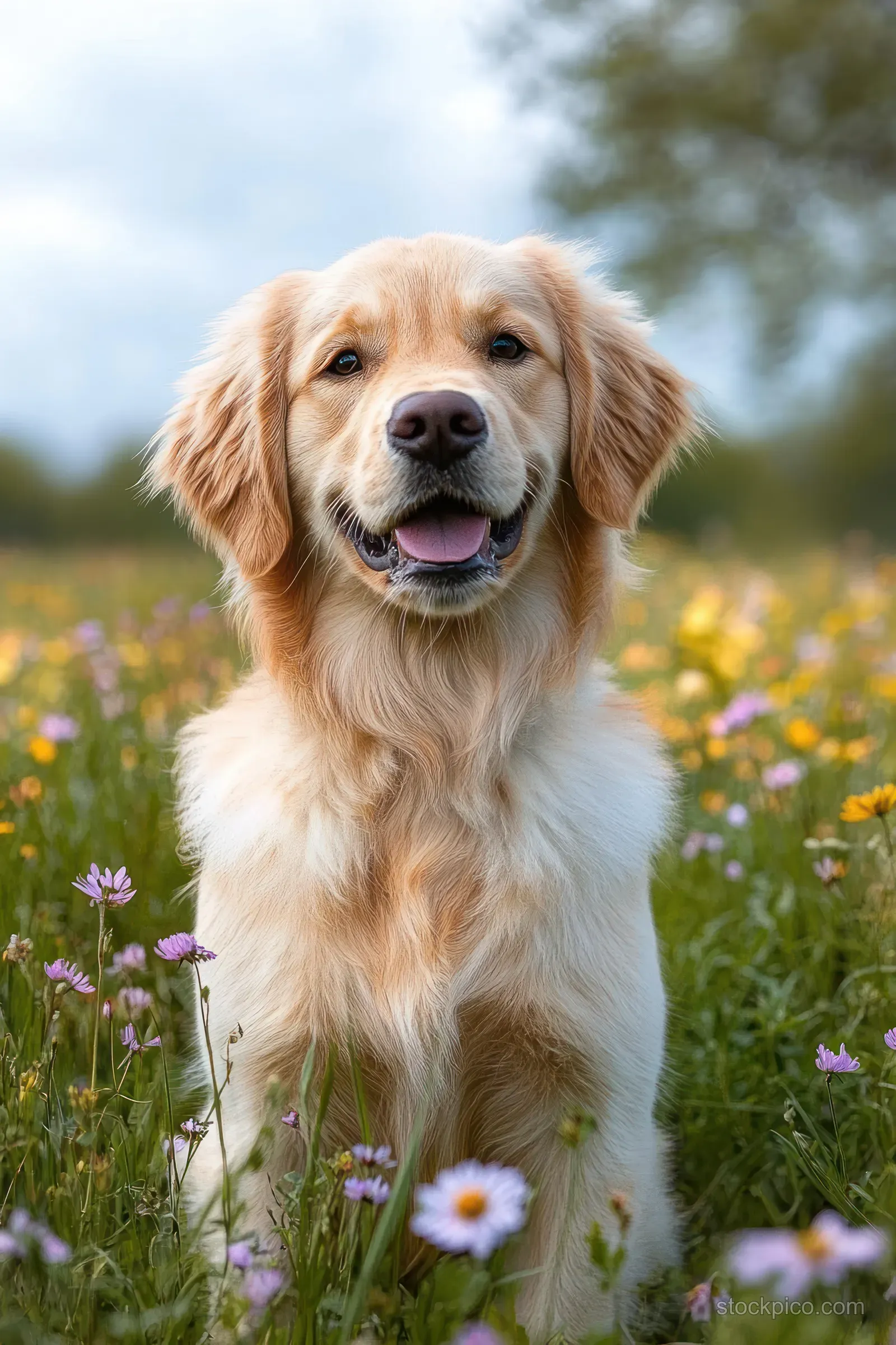 Golden retriever sitting in a wildflower meadow with colorful blossoms and a soft blurred green background.