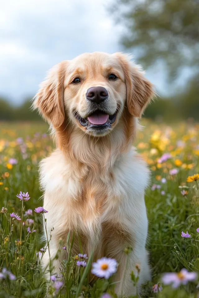 Golden retriever sitting in a wildflower meadow with colorful blossoms and a soft blurred green background.