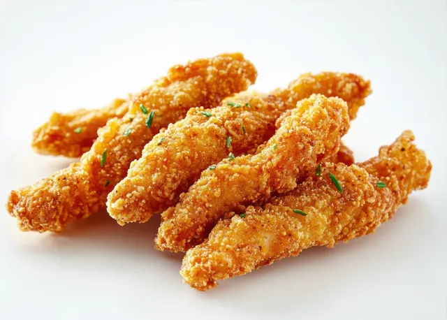Close-up of crispy golden fried chicken tenders with herb specks on a white plate