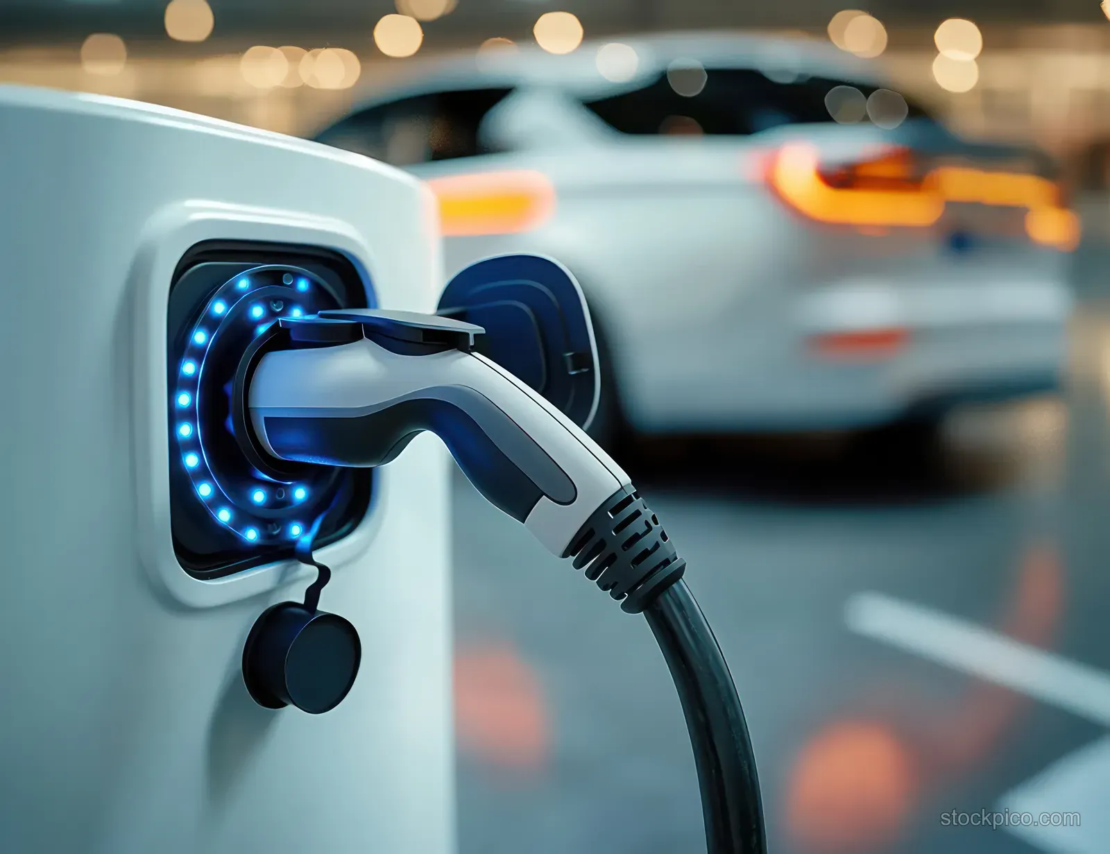 Electric vehicle charging plug connected to a station port with a glowing LED ring and blurred cars behind.