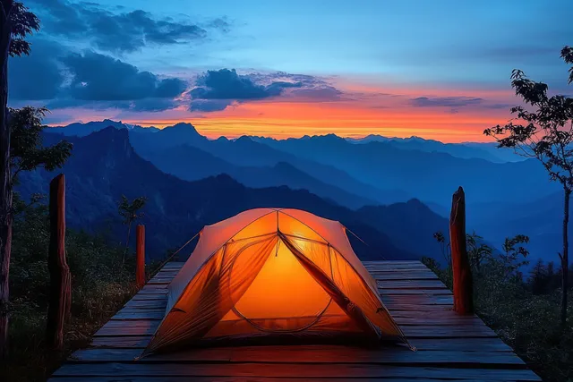 Orange camping tent glows on a wooden platform overlooking layered blue mountains under a colorful sunset sky.