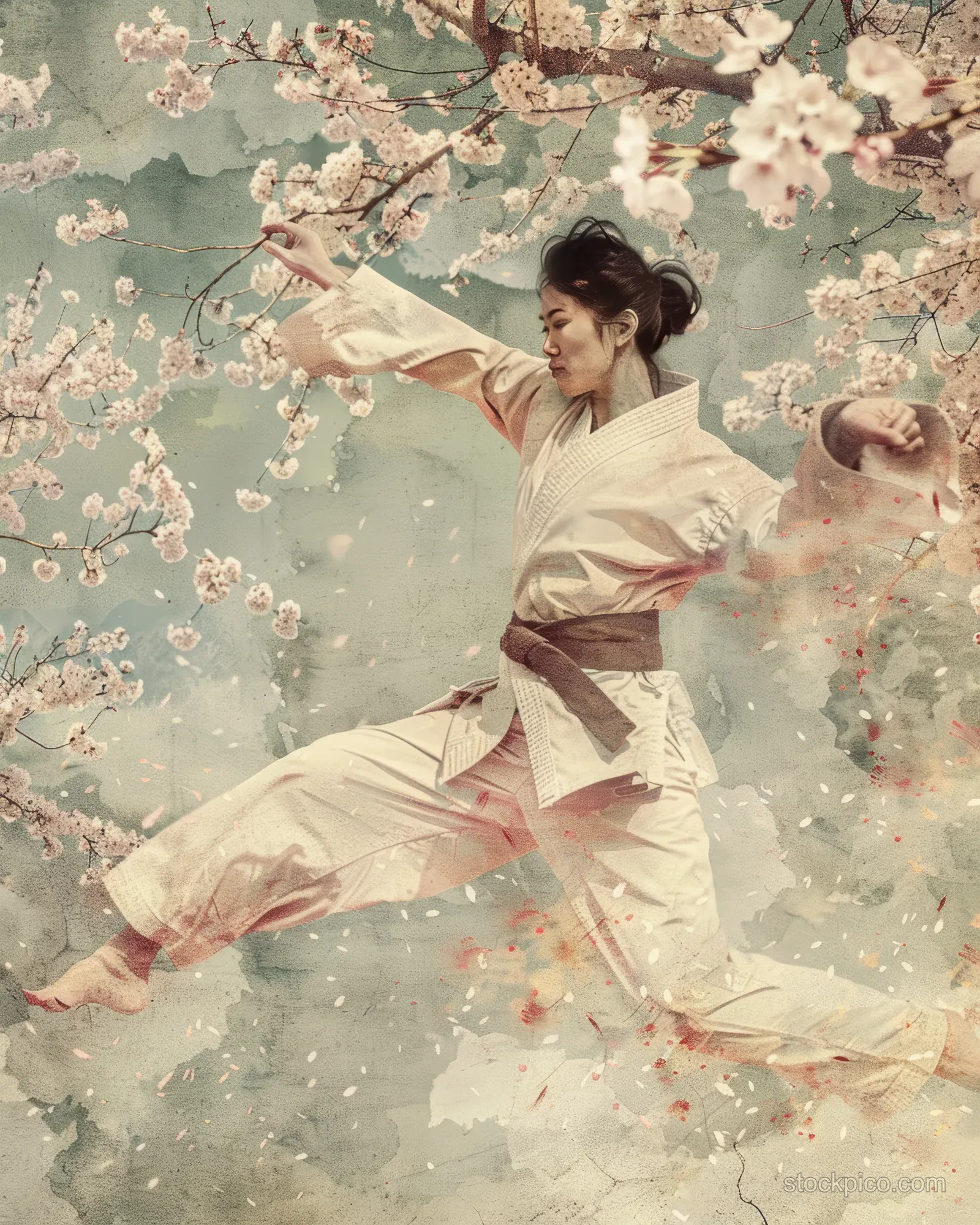 A Japanese woman in white taekwondo uniform kicks gracefully while cherry blossom petals float around her outdoors.