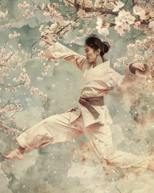 A Japanese woman in white taekwondo uniform kicks gracefully while cherry blossom petals float around her outdoors.