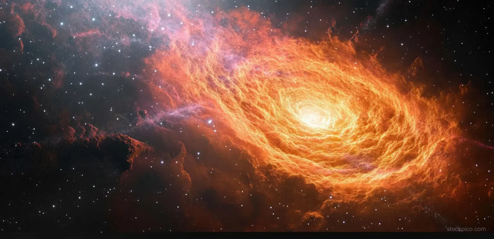 Fiery orange spiral galaxy with a bright core surrounded by glowing cosmic dust and stars in deep space.