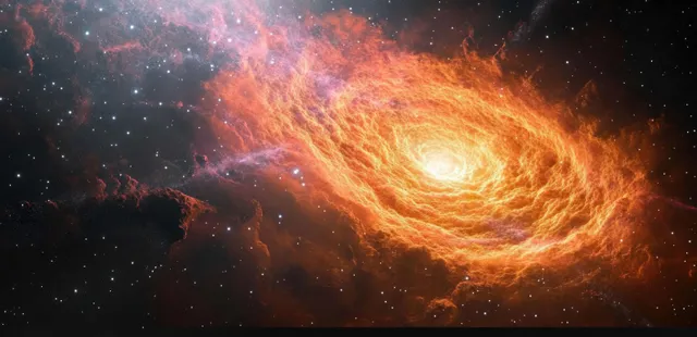 Fiery orange spiral galaxy glowing in deep space amid swirling cosmic dust and stars