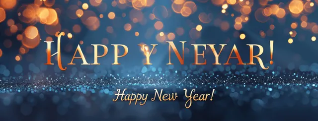 Golden Happy New Year 2024 lettering over a dark grey bokeh background with sparkling light orbs.